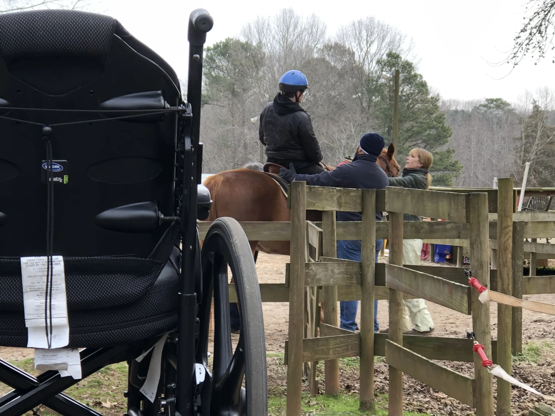 Showing a wheelchair and the owner riding a horse.